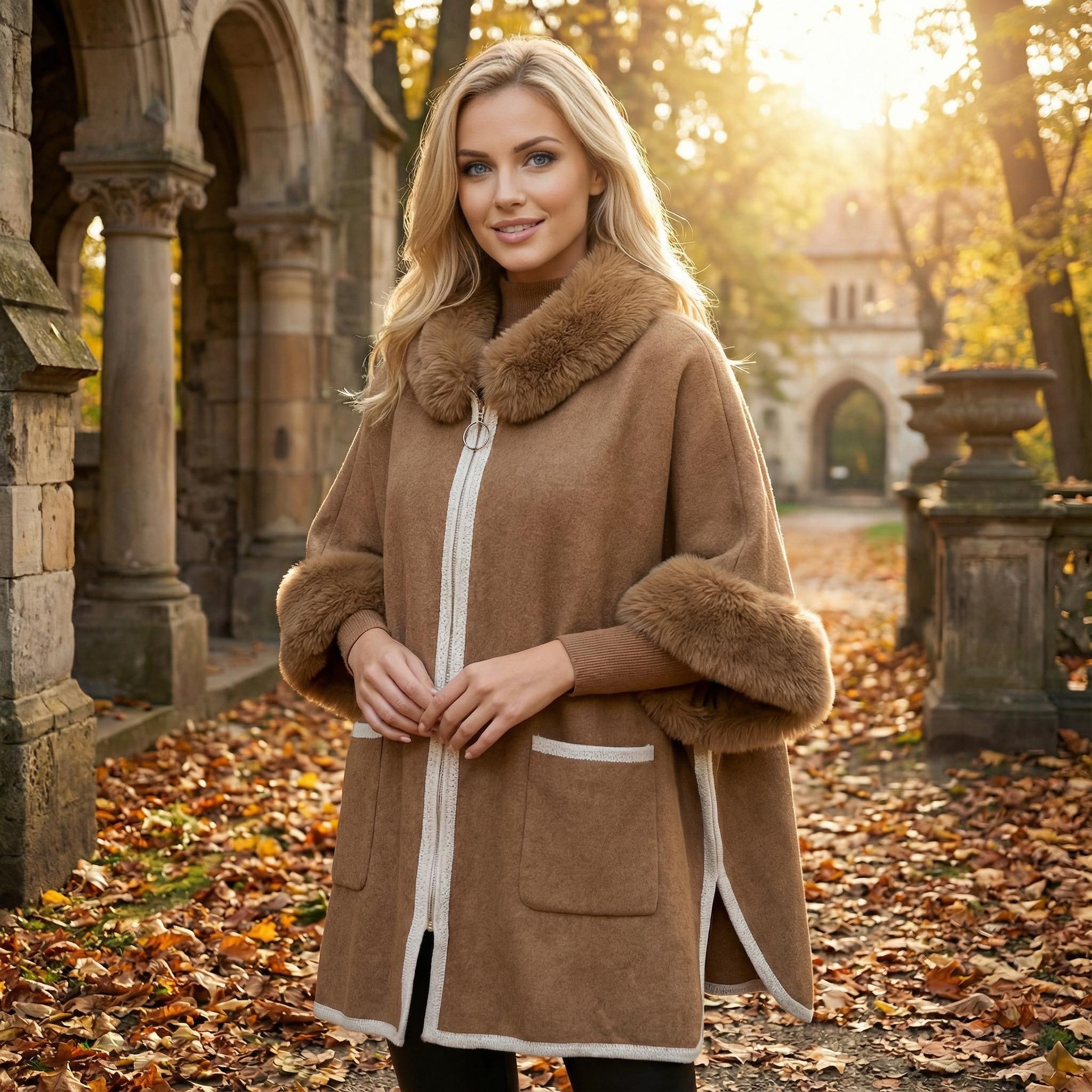 Winter Faux Fur Poncho Cape with Zippe, Heavyweight Plush Cloak Cardigan, Cozy Shawl Collar Cold Weather Cover-Up