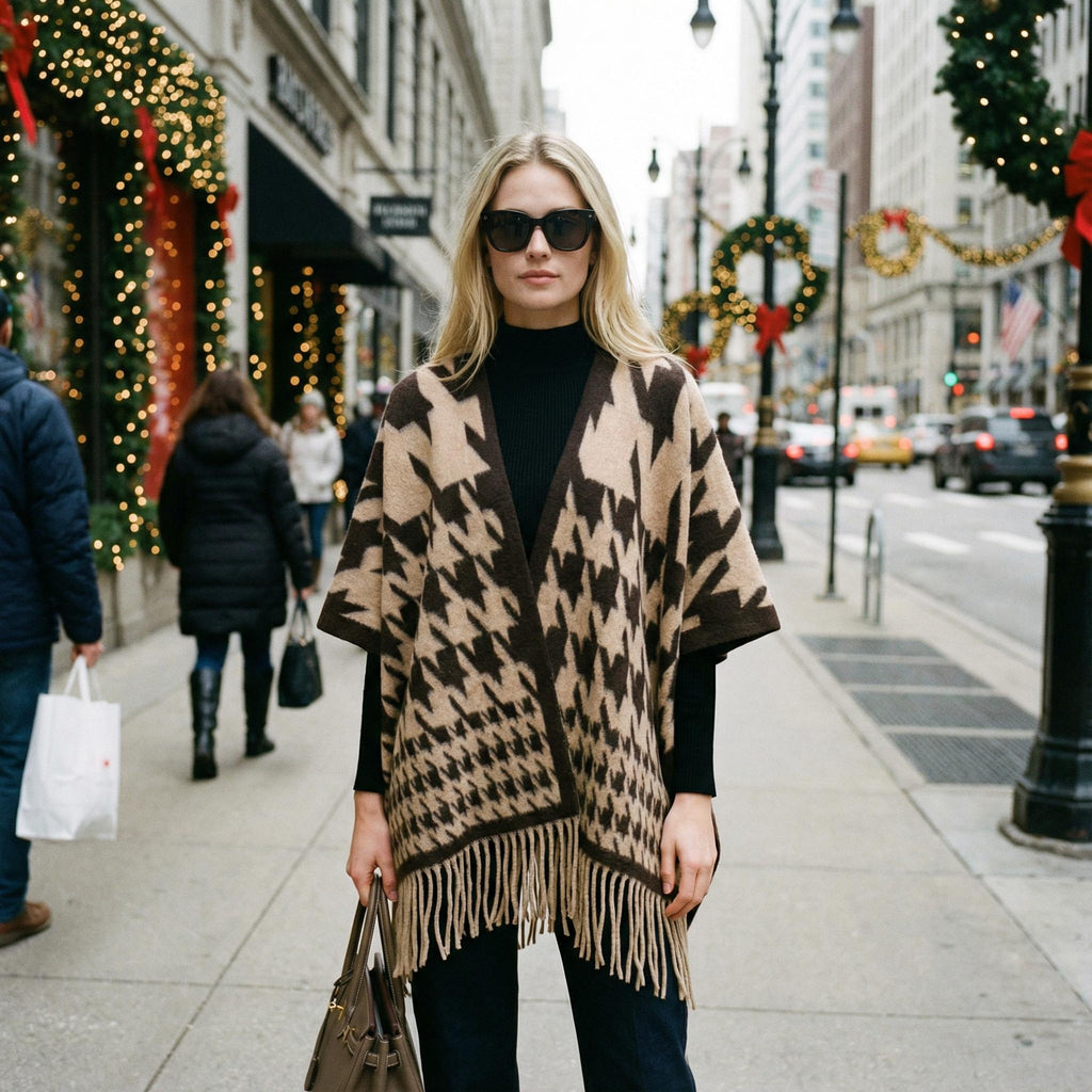 Ultra-Soft Faux Wool Poncho, Warm Open Front Shawl Wrap - Elegant Festive Christmas Present for Fall and Winter