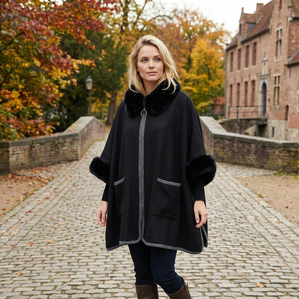 Winter Faux Fur Poncho Cape with Zippe, Heavyweight Plush Cloak Cardigan, Cozy Shawl Collar Cold Weather Cover-Up