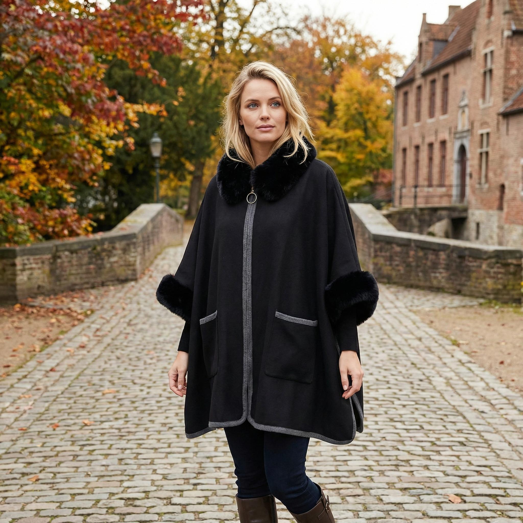 Winter Faux Fur Poncho Cape with Zippe, Heavyweight Plush Cloak Cardigan, Cozy Shawl Collar Cold Weather Cover-Up