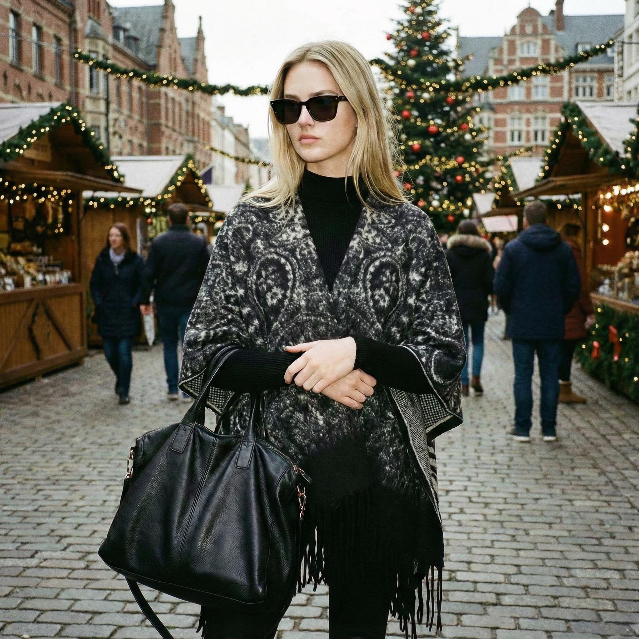 Ultra-Soft Faux Wool Poncho, Warm Open Front Shawl Wrap - Elegant Festive Christmas Present for Fall and Winter