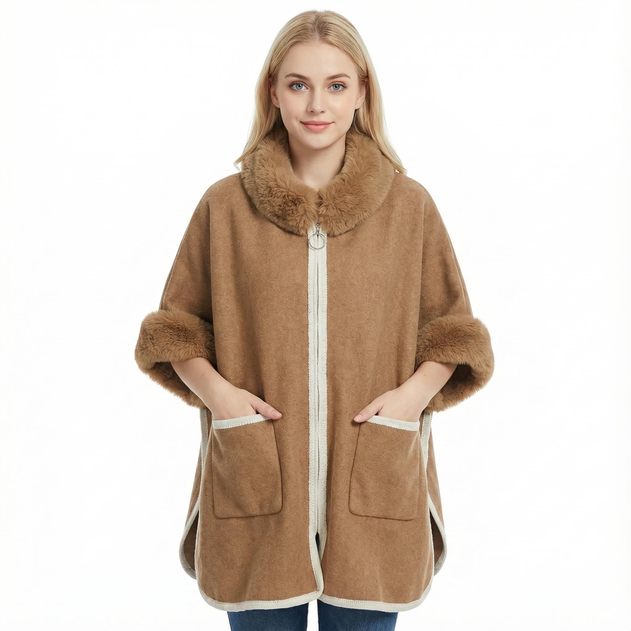 Winter Faux Fur Poncho Cape with Zippe, Heavyweight Plush Cloak Cardigan, Cozy Shawl Collar Cold Weather Cover-Up
