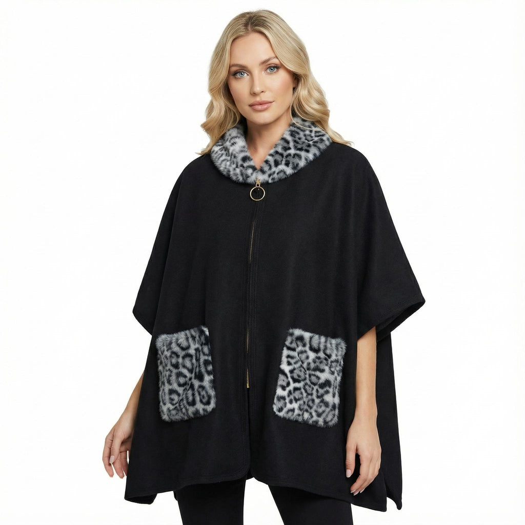 Winter Faux Fur Poncho Cape with Zippe, Heavyweight Plush Cloak Cardigan, Cozy Shawl Collar Cold Weather Cover-Up