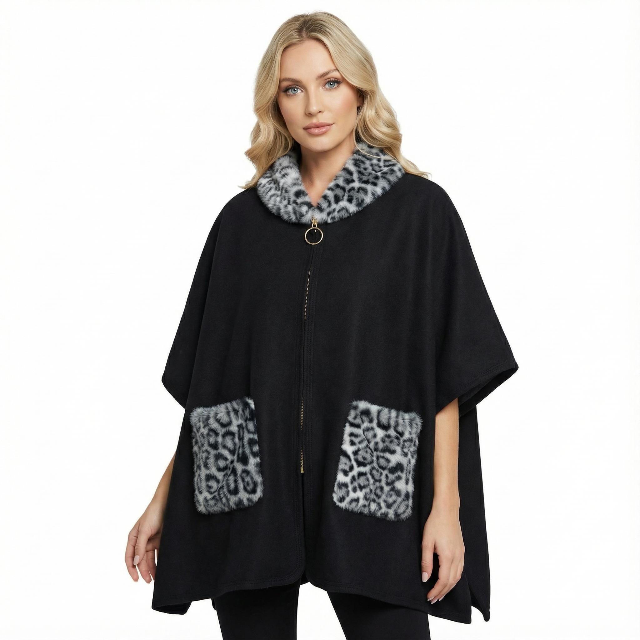 Winter Faux Fur Poncho Cape with Zippe, Heavyweight Plush Cloak Cardigan, Cozy Shawl Collar Cold Weather Cover-Up