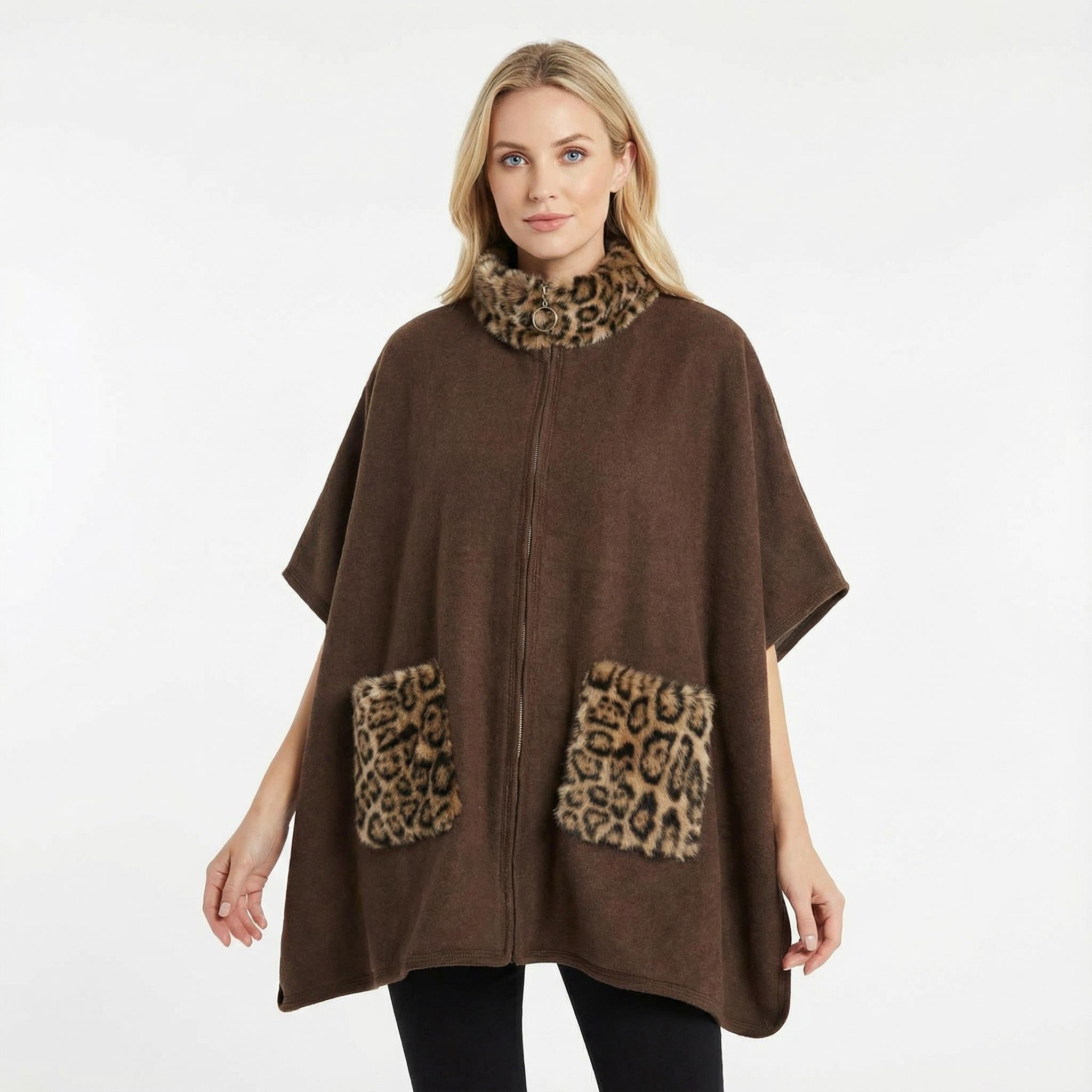 Winter Faux Fur Poncho Cape with Zippe, Heavyweight Plush Cloak Cardigan, Cozy Shawl Collar Cold Weather Cover-Up