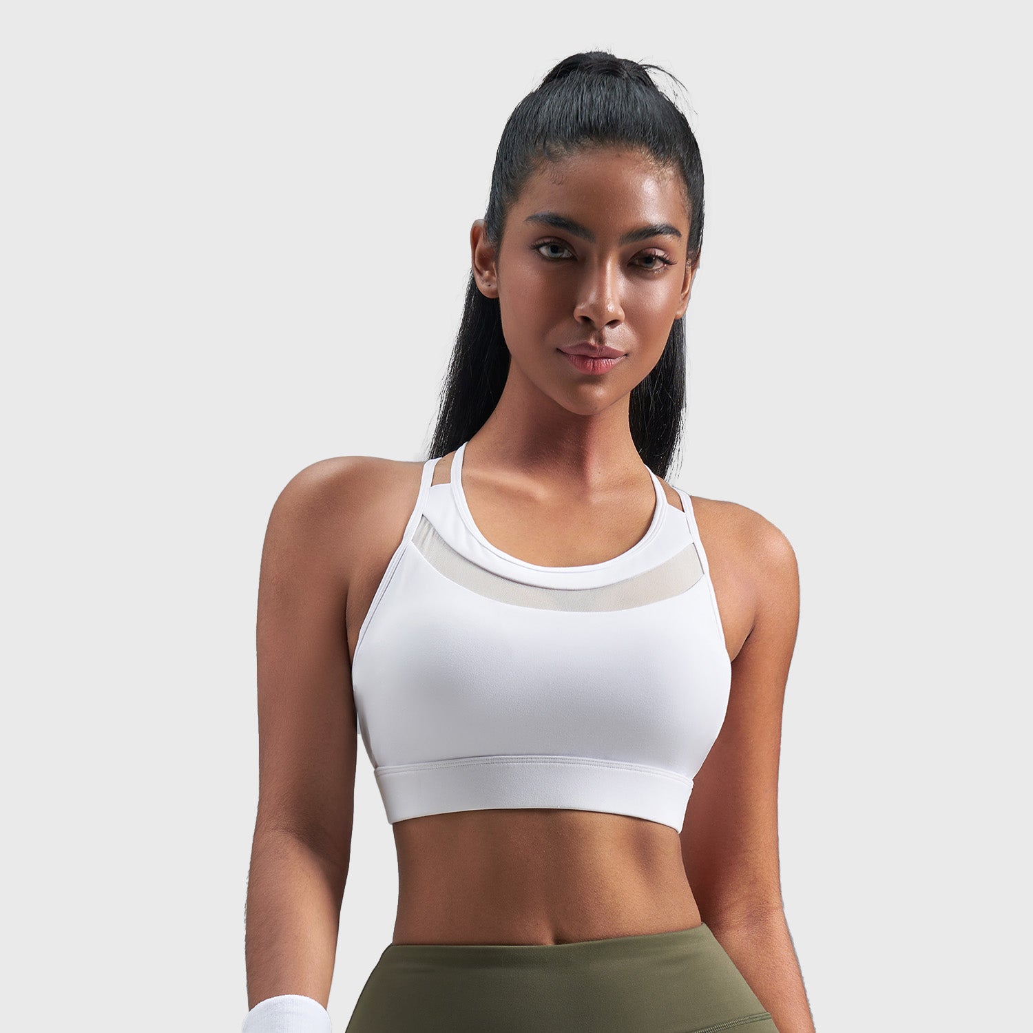 Sports Bra with Mesh Panel - Workout Crop Top