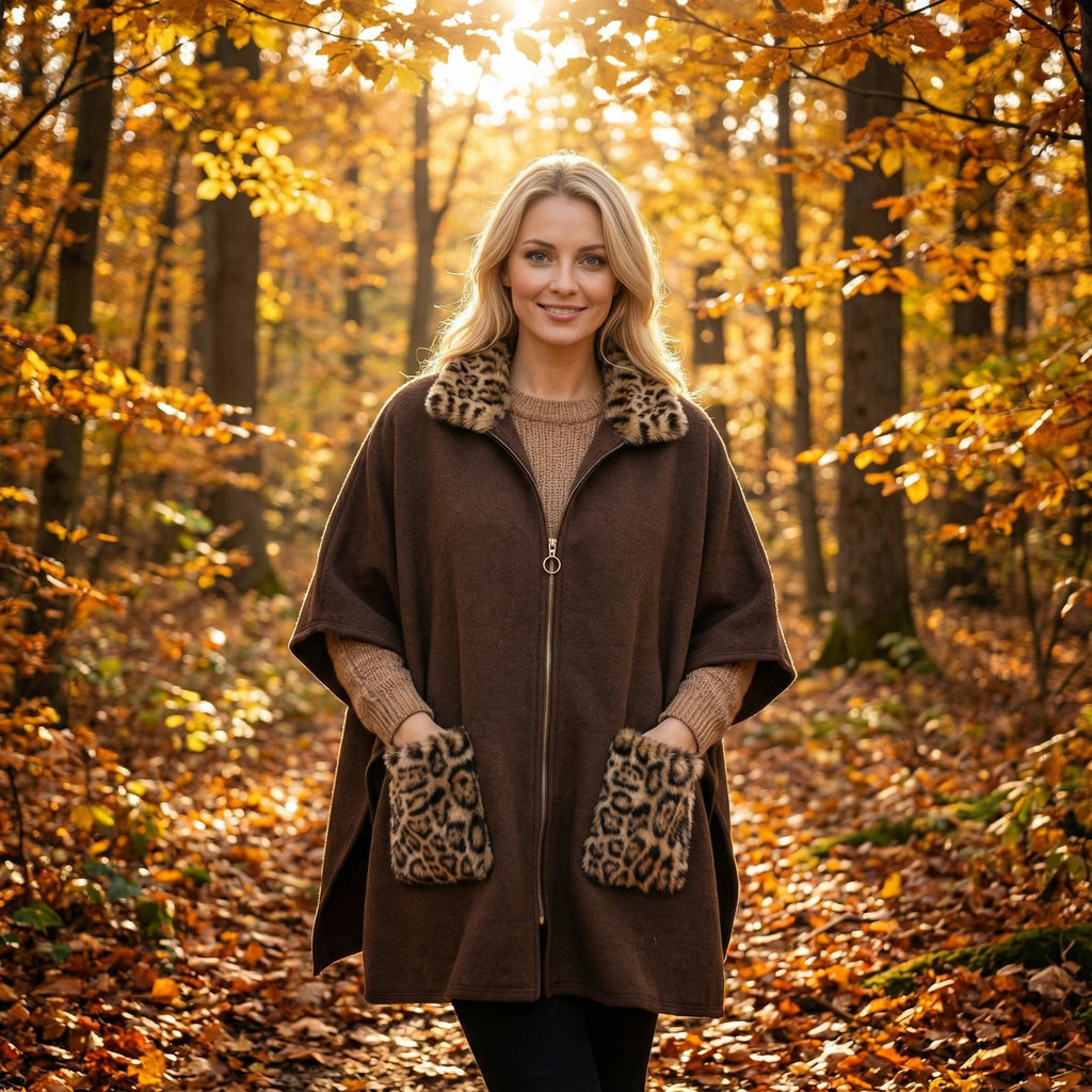 Winter Faux Fur Poncho Cape with Zippe, Heavyweight Plush Cloak Cardigan, Cozy Shawl Collar Cold Weather Cover-Up