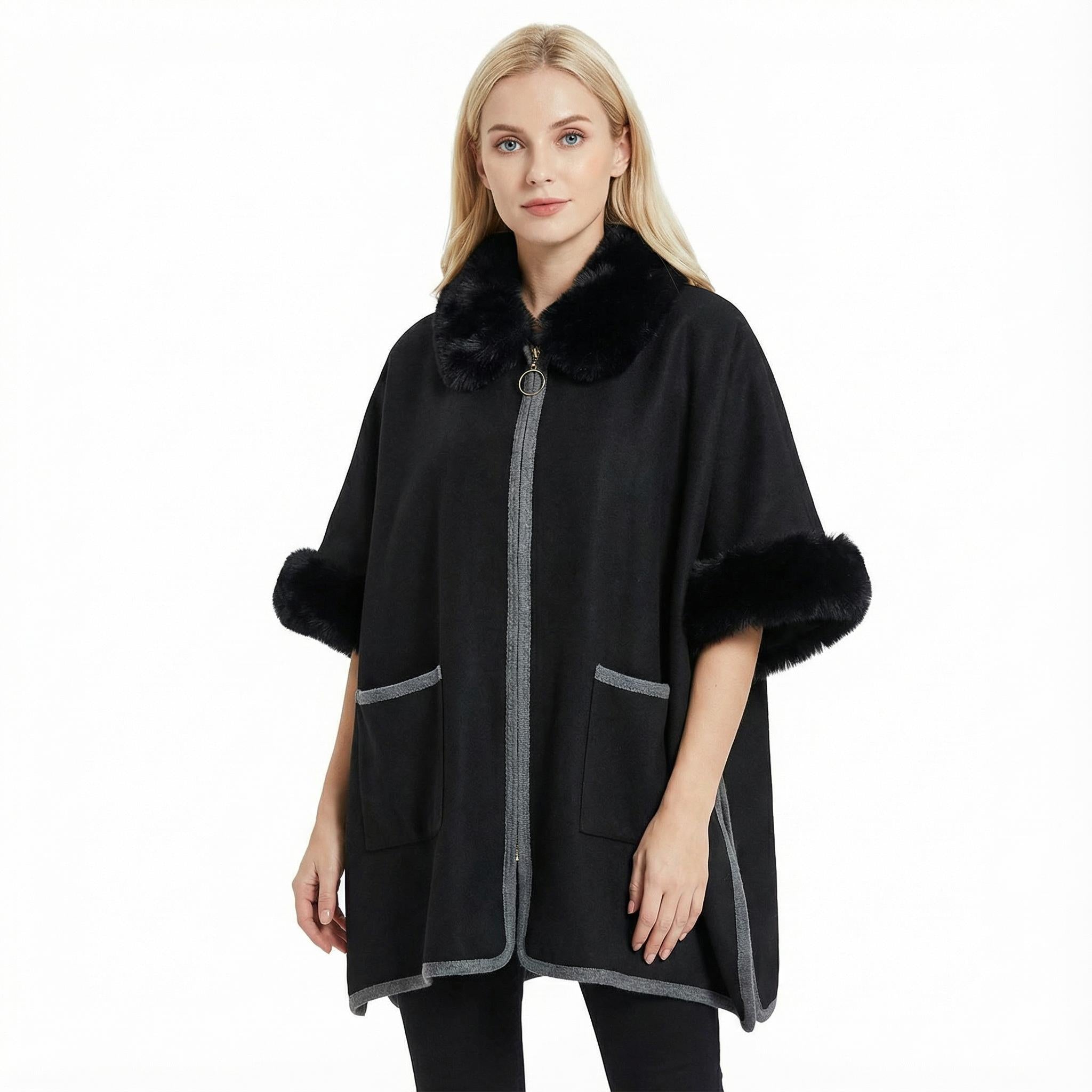Winter Faux Fur Poncho Cape with Zippe, Heavyweight Plush Cloak Cardigan, Cozy Shawl Collar Cold Weather Cover-Up
