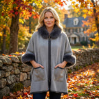 Winter Faux Fur Poncho Cape with Zippe, Heavyweight Plush Cloak Cardigan, Cozy Shawl Collar Cold Weather Cover-Up